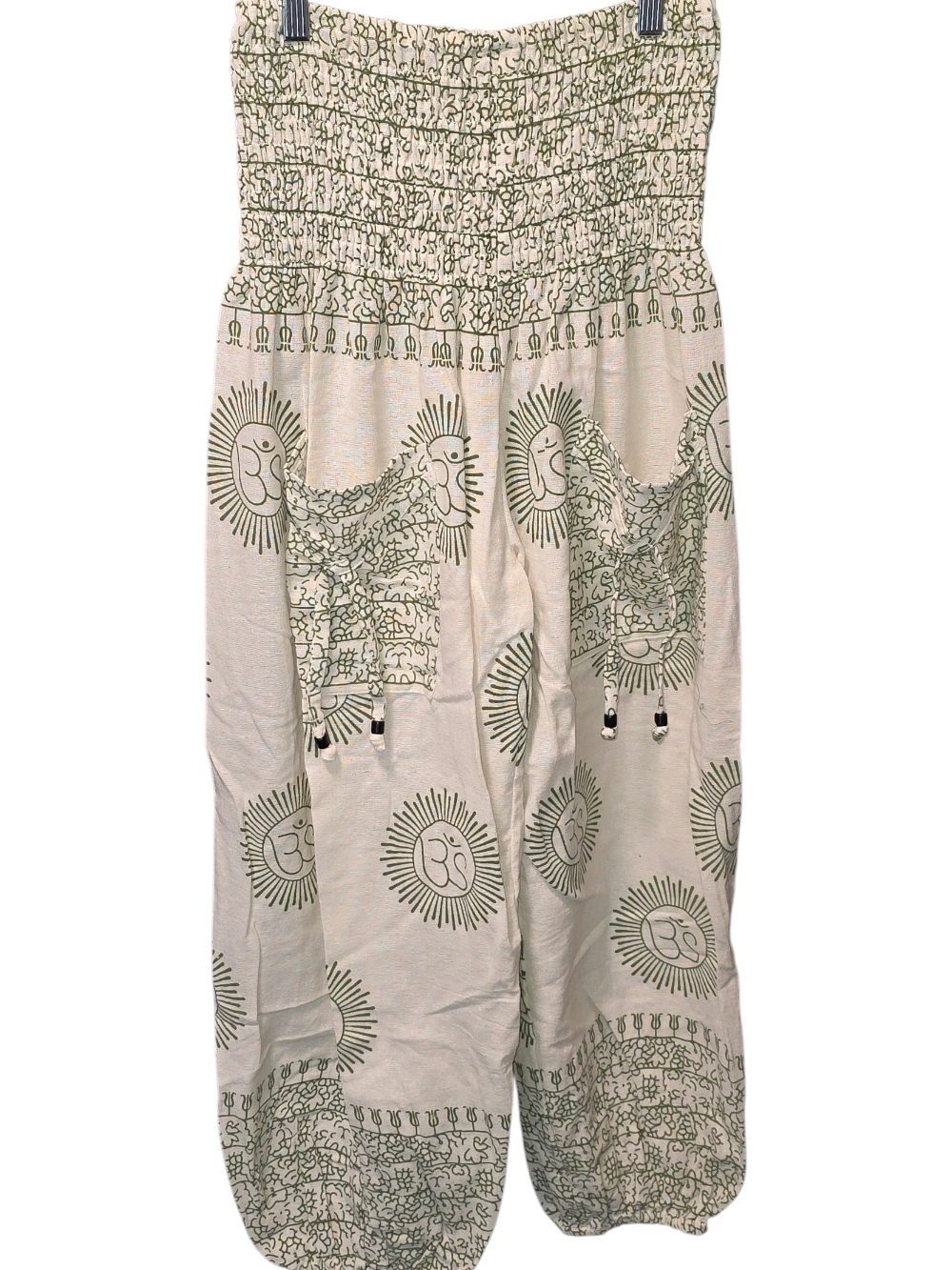 Women's Beige Green Cotton Harem Pants with Smocked & Geometric Print